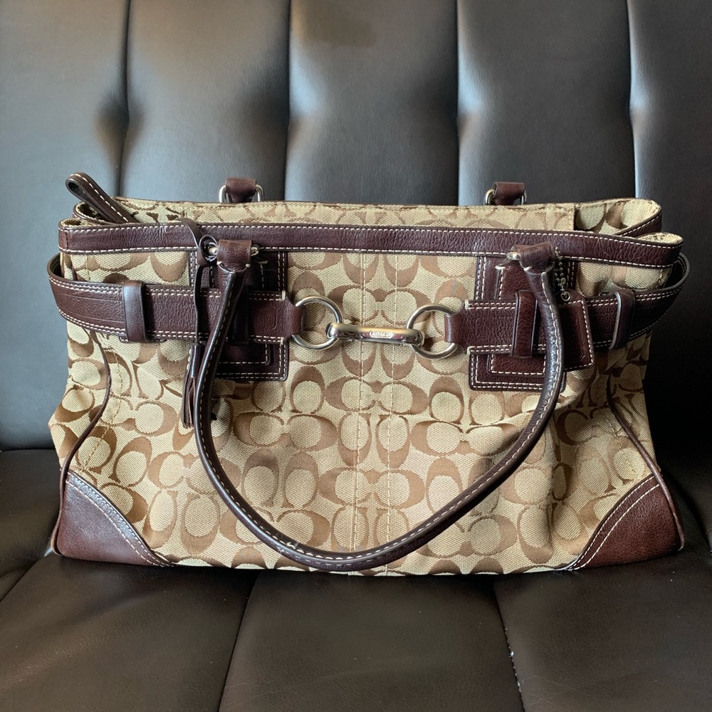 Coach Brown and Tan Hampton Signature Canvas Satchel